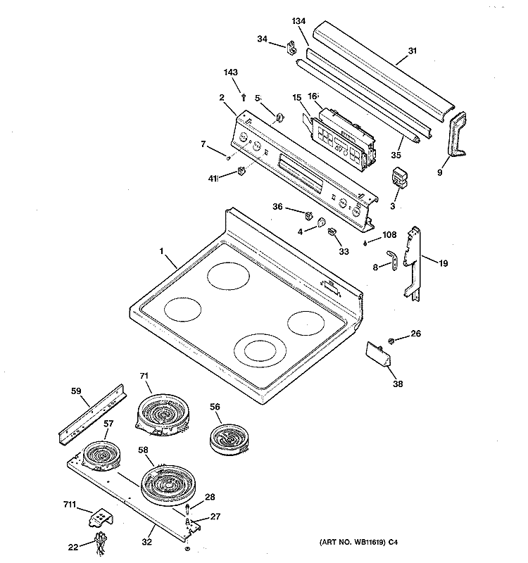 COOKTOP & CONTROL PANEL Diagram and Parts List for JBP95AW1  General Electric Range