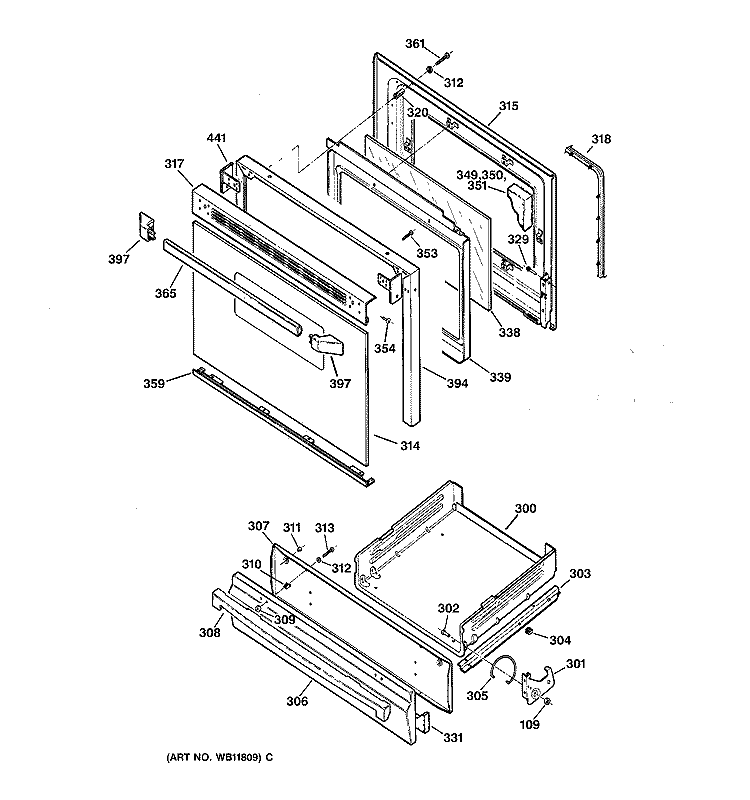 DOOR & DRAWER PARTS Diagram and Parts List for JGBS23BEA1WH  General Electric Range