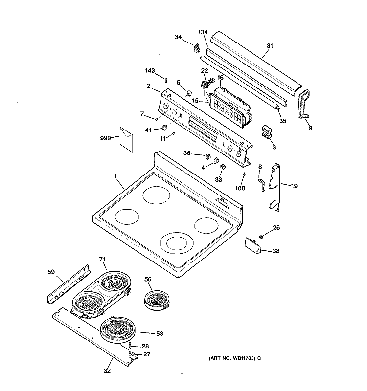 CONTROL PANEL & COOKTOP Diagram and Parts List for JB960BY3  General Electric Range