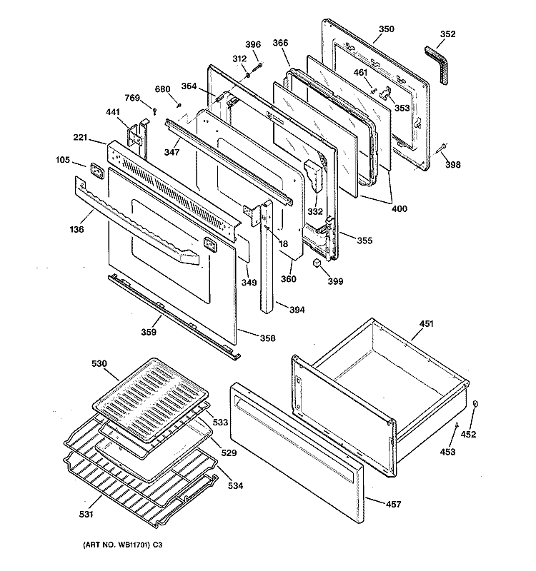 DOOR & DRAWER PARTS Diagram and Parts List for JB960BY3  General Electric Range