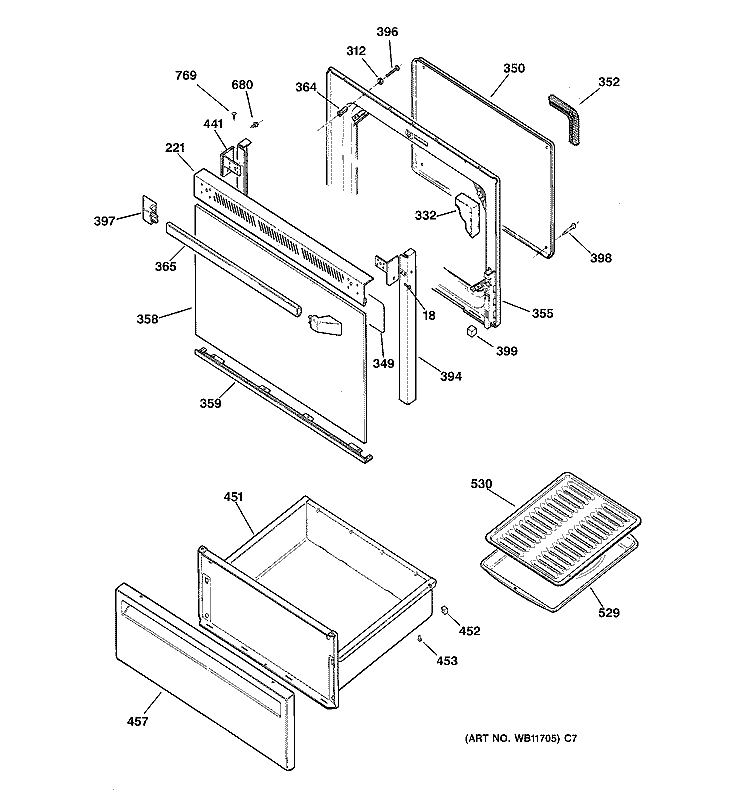 DOOR & DRAWER PARTS Diagram and Parts List for JBP63BY3AD  General Electric Range