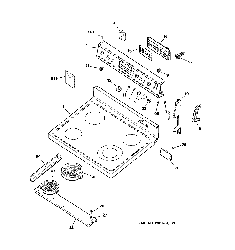 CONTROL PANEL & COOKTOP Diagram and Parts List for JBP78BY3  General Electric Range