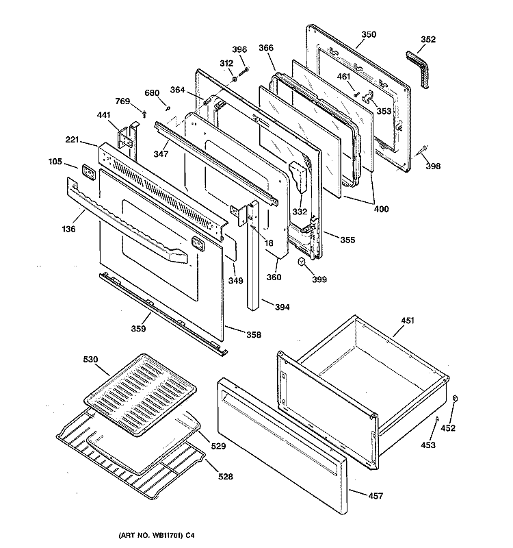 DOOR & DRAWER PARTS Diagram and Parts List for JBP79WY3  General Electric Range