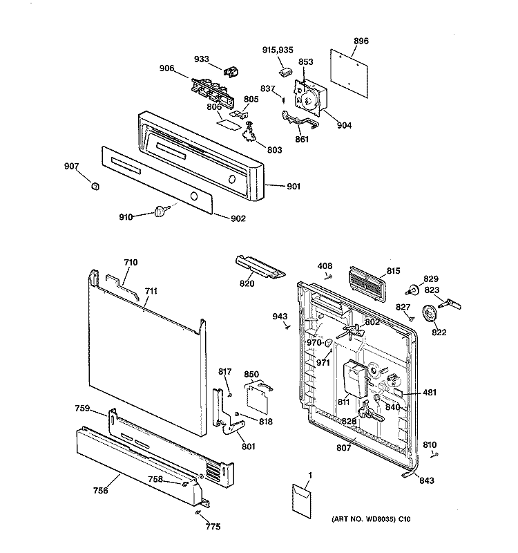 ESCUTCHEON & DOOR ASSEMBLY Diagram and Parts List for GSD3230Z01WW  General Electric Dishwasher