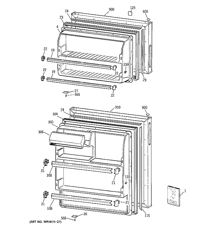 DOORS Diagram and Parts List for TBX16SYZGLAD  General Electric Refrigerator
