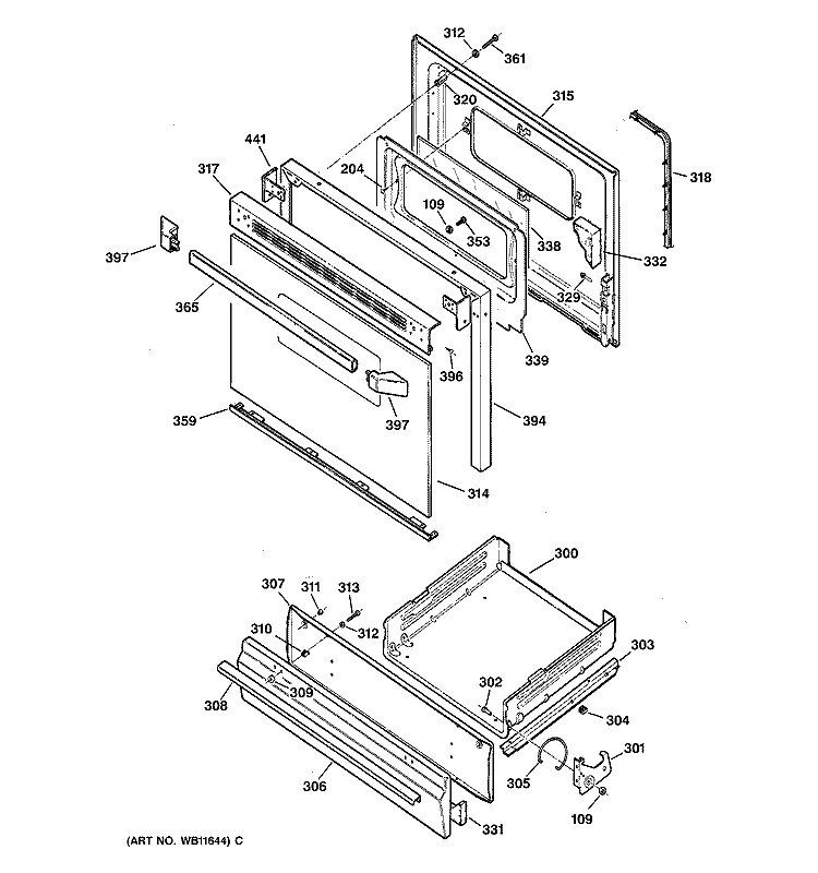 DOOR & DRAWER PARTS Diagram and Parts List for JGSS05BEA1BB  General Electric Range