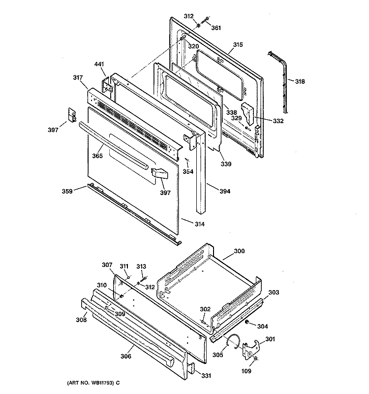 DOOR & DRAWER PARTS Diagram and Parts List for JGBS22BEA1AD  General Electric Range