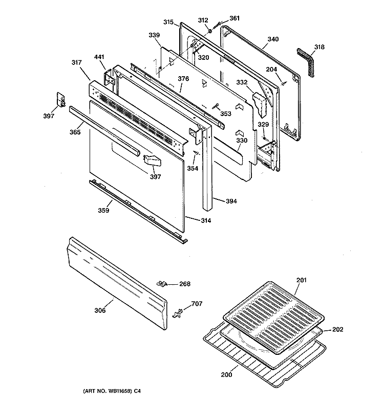 DOOR PARTS Diagram and Parts List for JGBP24BEA1WH  General Electric Range