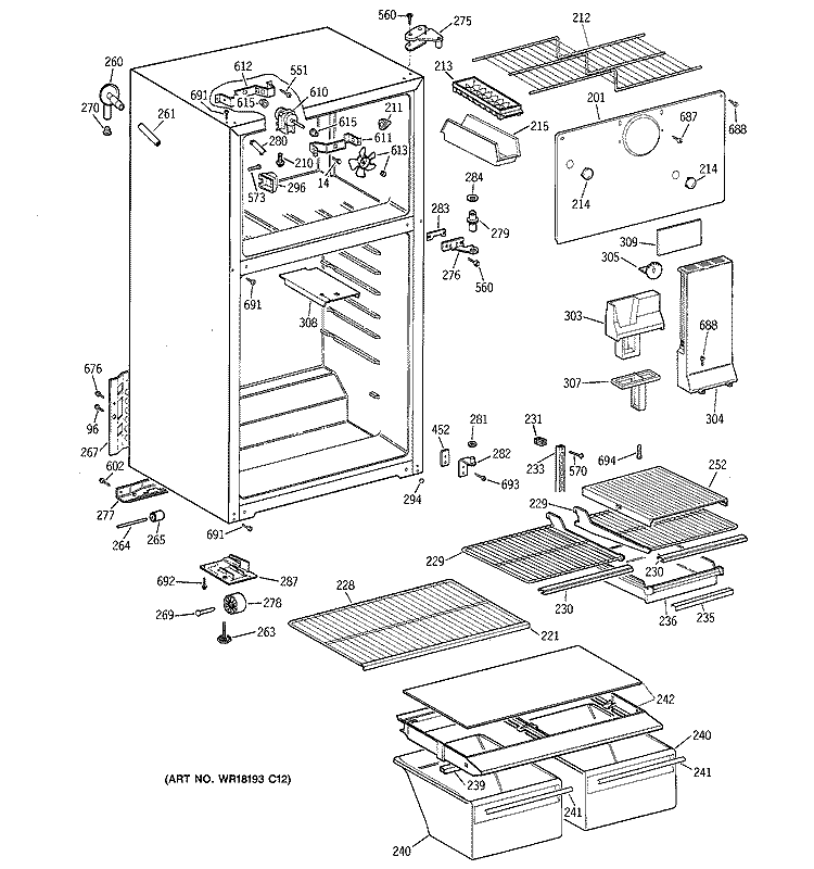 CABINET Diagram and Parts List for TBT18TAYGRAD  General Electric Refrigerator