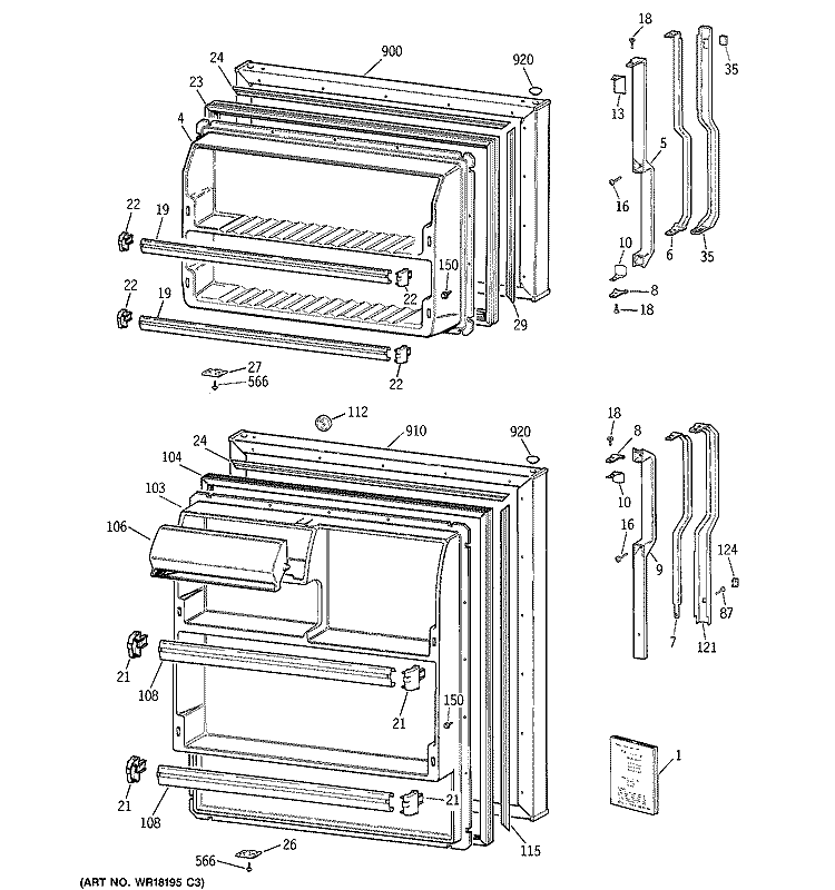 DOORS Diagram and Parts List for TBG14SAZERWH  General Electric Refrigerator