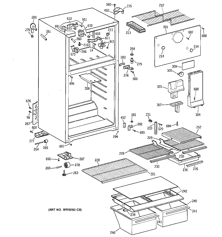 CABINET Diagram and Parts List for TBG14DAZERWH  General Electric Refrigerator