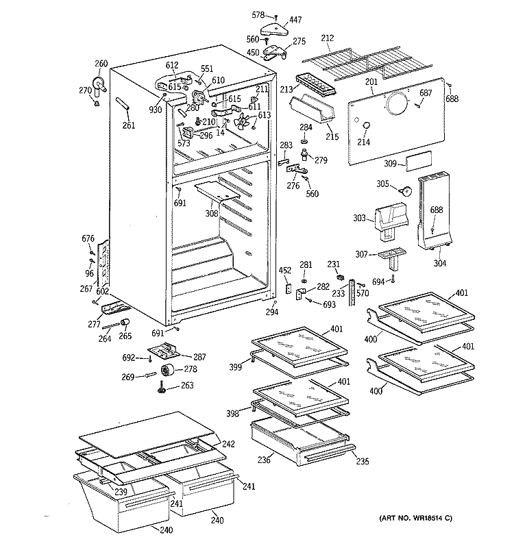 CABINET Diagram and Parts List for TBJ16JABERAA  General Electric Refrigerator
