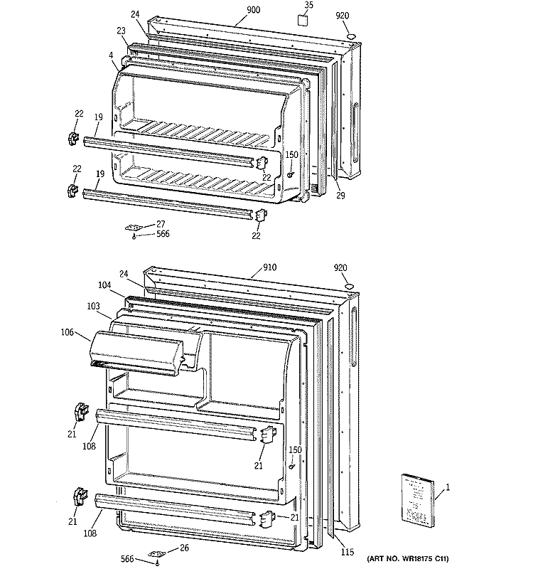 DOORS Diagram and Parts List for TBX14SYBBRWW  General Electric Refrigerator