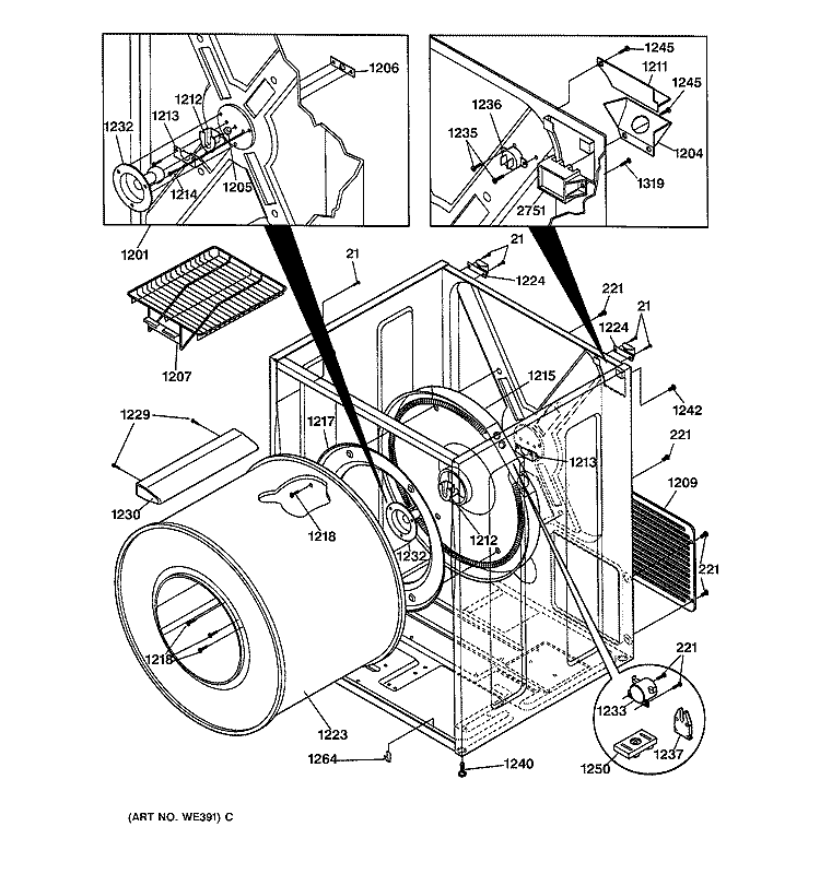 CABINET & DRUM Diagram and Parts List for DSXH43ET0WB  General Electric Dryer