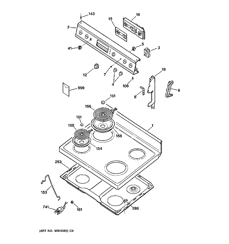 CONTROL PANEL & COOKTOP Diagram and Parts List for JBP30AA2  General Electric Range