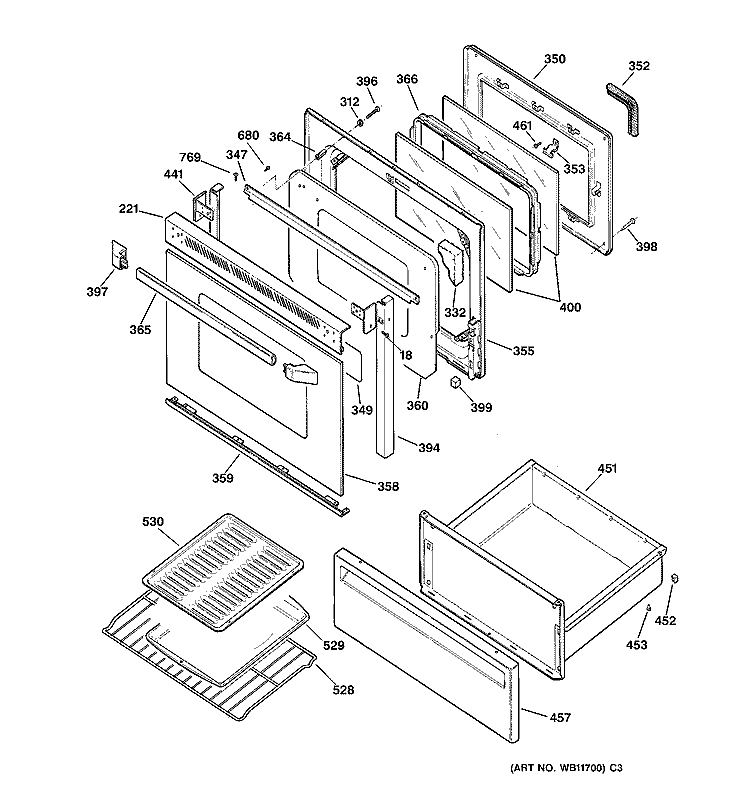 DOOR & DRAWER PARTS Diagram and Parts List for JBP30AA2  General Electric Range