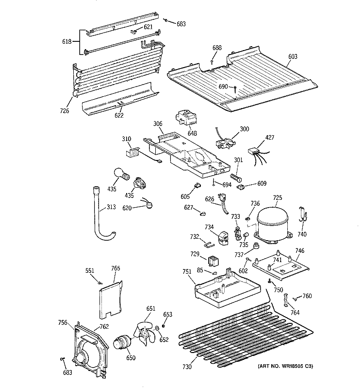 UNIT PARTS Diagram and Parts List for TBT14NABBRAA  General Electric Refrigerator