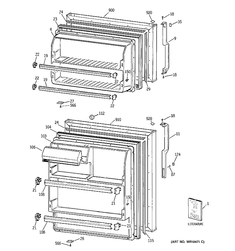 DOORS Diagram and Parts List for TBT16SABBRWW  General Electric Refrigerator