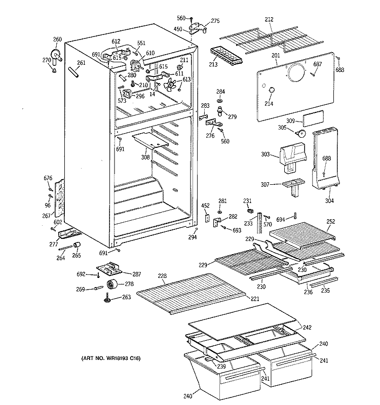 CABINET Diagram and Parts List for TBX14DABFRWW  General Electric Refrigerator