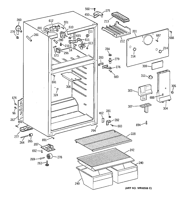CABINET Diagram and Parts List for TBG14SACBRAA  General Electric Refrigerator