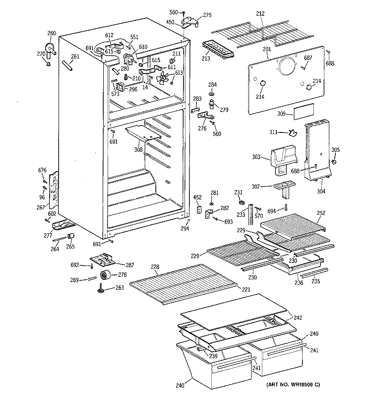 CABINET Diagram and Parts List for TBG16DACBRAA  General Electric Refrigerator
