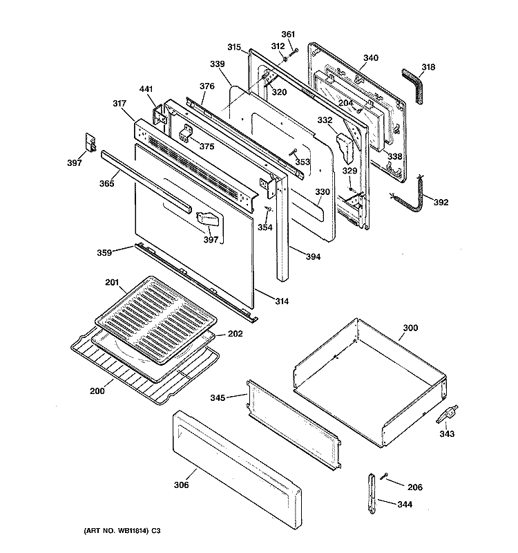 DOOR & DRAWER PARTS Diagram and Parts List for RGB745WEA1WW  Hotpoint Range