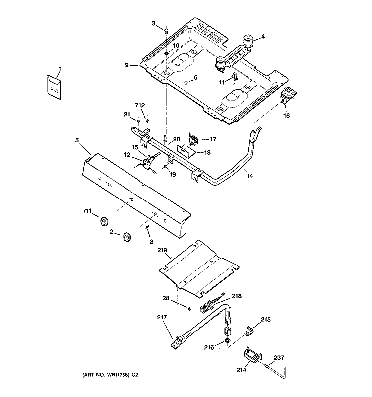 GAS & BURNER PARTS Diagram and Parts List for RGB524PEA1AD  Hotpoint Range