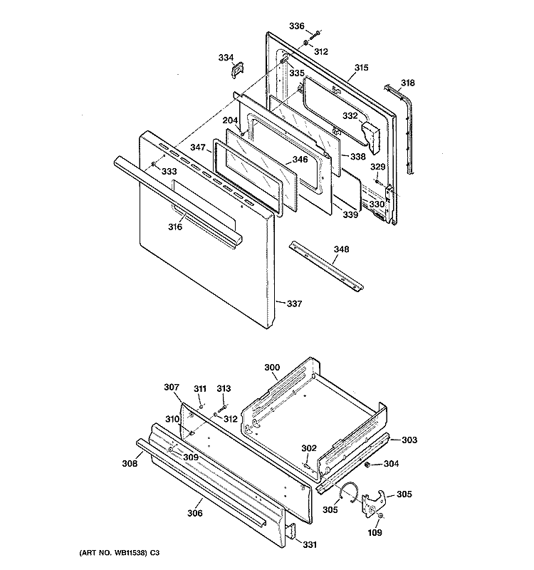 DOOR & DRAWER PARTS Diagram and Parts List for RGB528PEA1WW  Hotpoint Range