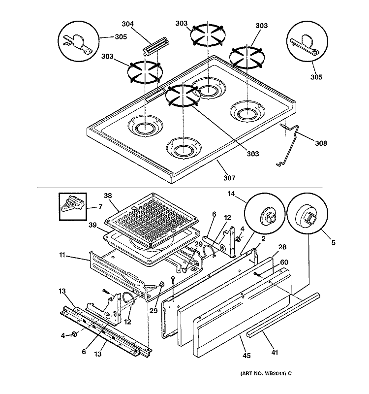 COOKTOP & DRAWER Diagram and Parts List for RGB506PY2WH  Hotpoint Range