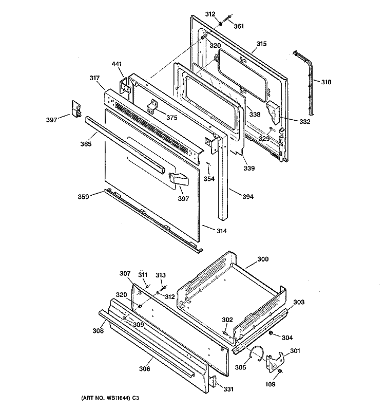 DOOR & DRAWER PARTS Diagram and Parts List for LGB146BEA1WH  General Electric Range