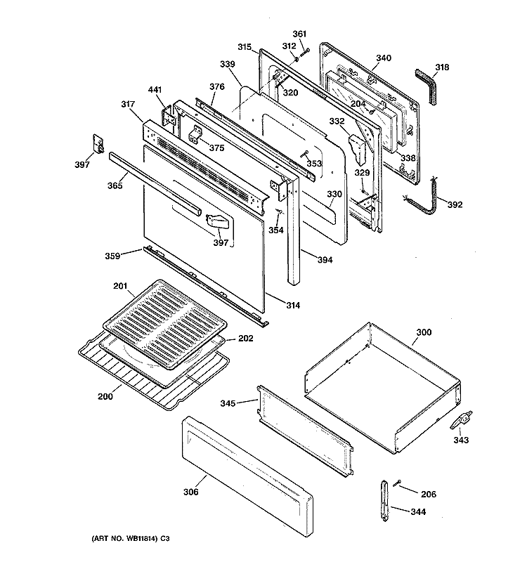 DOOR & DRAWER PARTS Diagram and Parts List for LGB356BEA1WH  General Electric Range