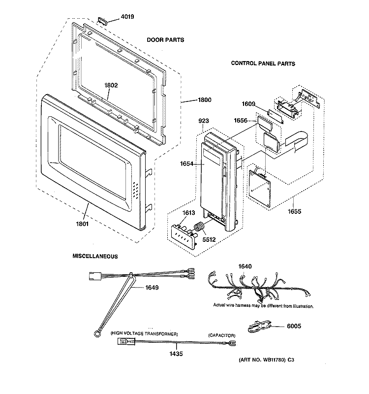 CONTROL PANEL, DOOR & MISC. PARTS Diagram and Parts List for JE1050WA01  General Electric Microwave