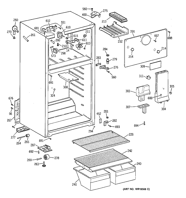 CABINET Diagram and Parts List for TBG14SABCRWH  General Electric Refrigerator