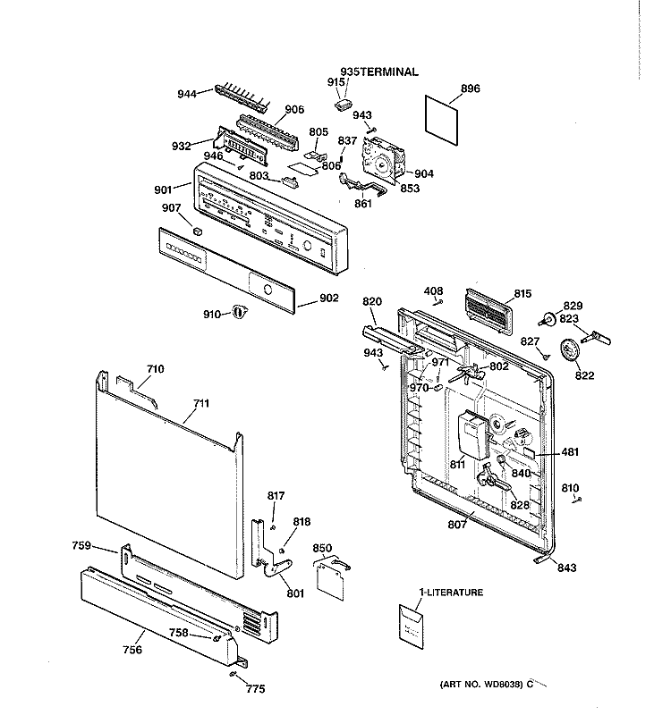 ESCUTCHEON & DOOR ASSEMBLY Diagram and Parts List for GSD3610Z01AA  General Electric Dishwasher