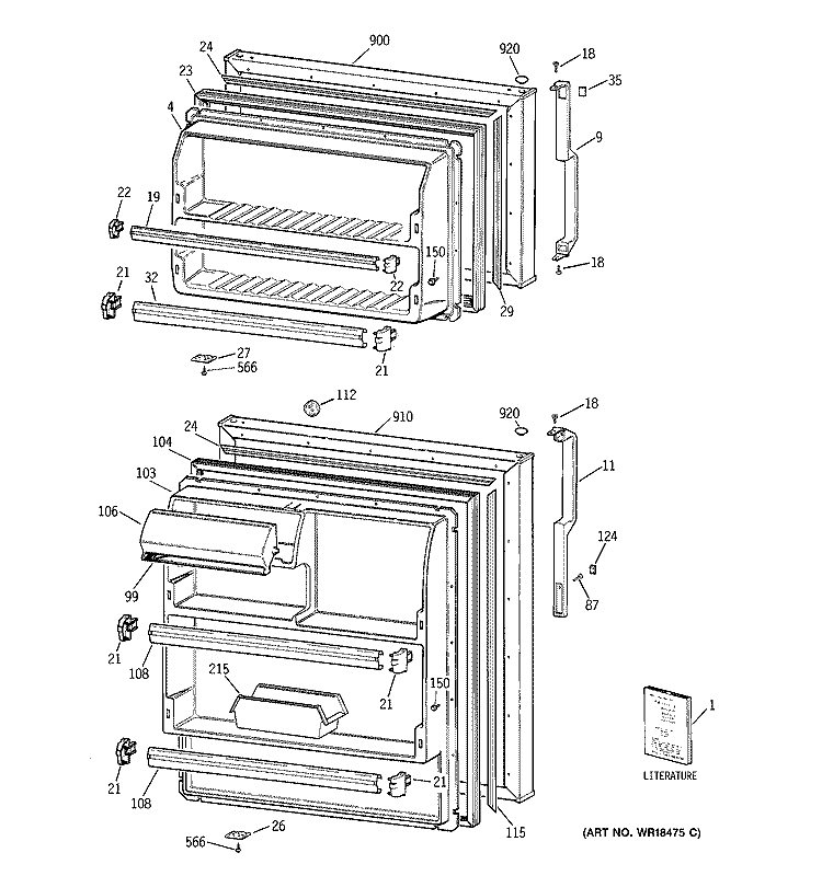 DOORS Diagram and Parts List for TBT18NIYGRAD  General Electric Refrigerator