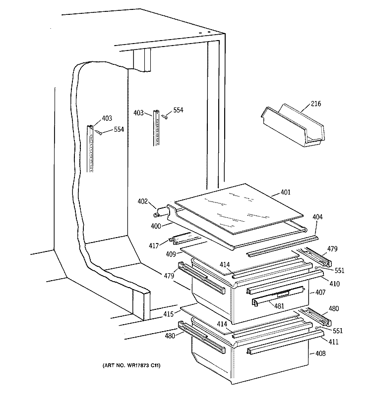 FRESH FOOD SECTION Diagram and Parts List for TFX22JRBAWW  General Electric Refrigerator