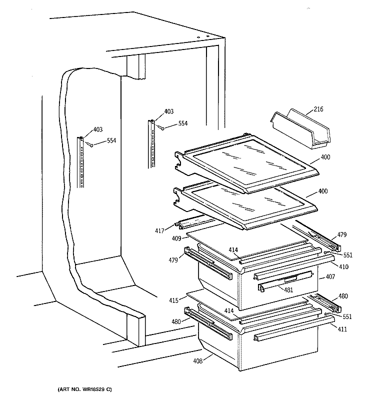 FRESH FOOD SECTION Diagram and Parts List for TFX22QRBAWW  General Electric Refrigerator