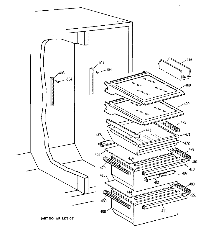 FRESH FOOD SECTION Diagram and Parts List for TFX25CRBABB  General Electric Refrigerator