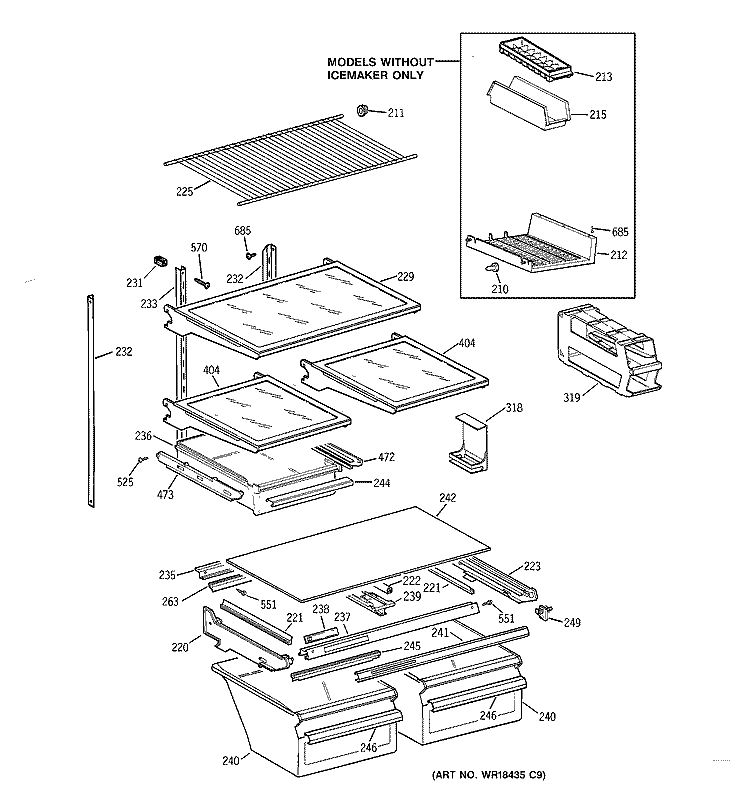 SHELF PARTS Diagram and Parts List for TBX19QIBBRWW  General Electric Refrigerator