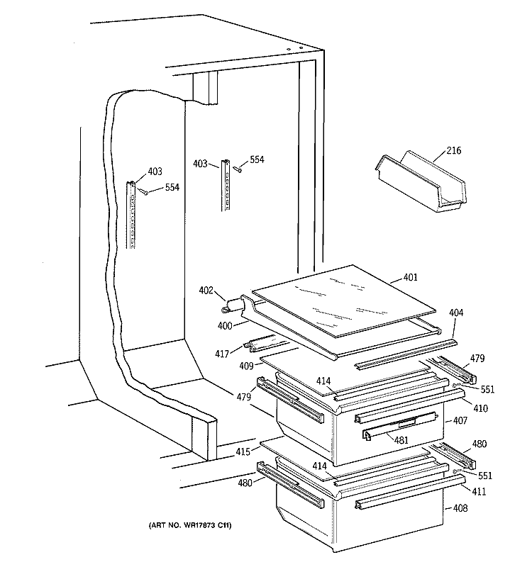 FRESH FOOD SHELVES Diagram and Parts List for TFX25JRBAWW  General Electric Refrigerator