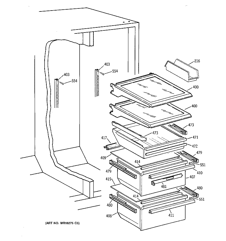 FRESH FOOD SHELVES Diagram and Parts List for TFX25ZABAAA  General Electric Refrigerator