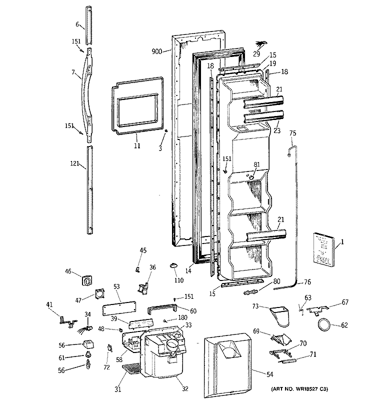 FREEZER DOOR Diagram and Parts List for TFX25ZRBABB  General Electric Refrigerator