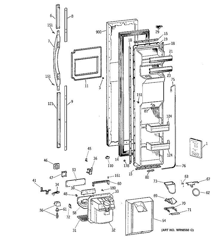 FREEZER DOOR Diagram and Parts List for TFX27PPBAWW  General Electric Refrigerator