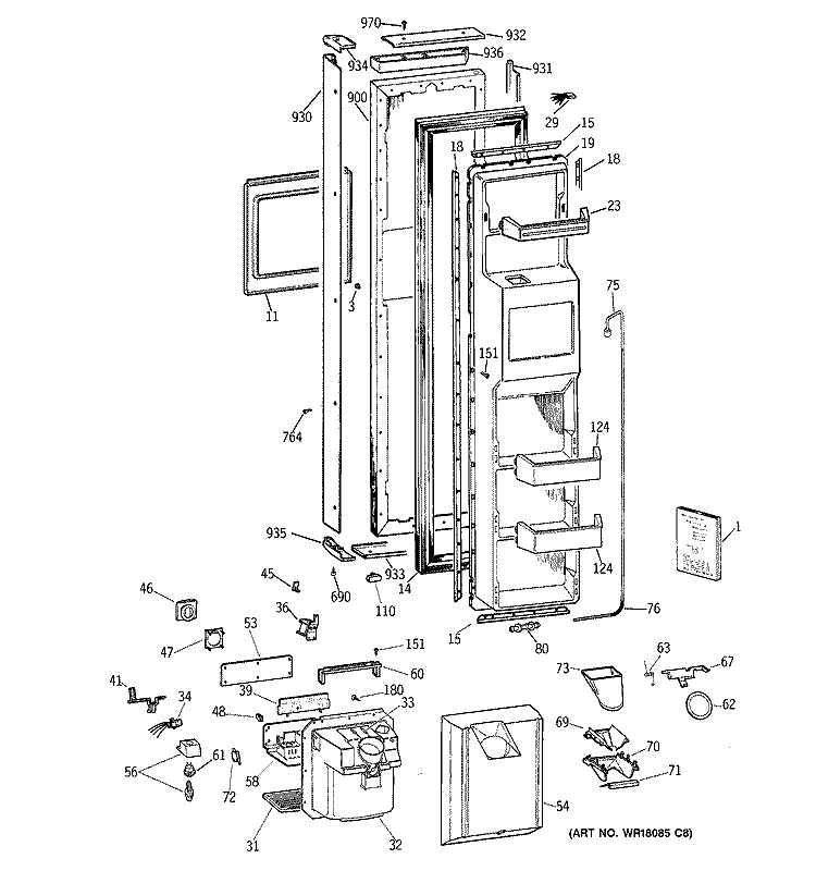FREEZER DOOR Diagram and Parts List for TPX21BRBAWW  General Electric Refrigerator