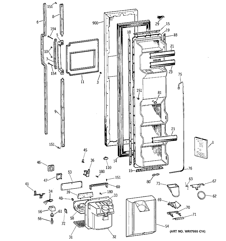 FREEZER DOOR Diagram and Parts List for TFX25VPAAWW  General Electric Refrigerator