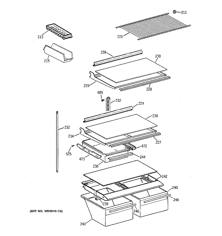 SHELVES Diagram and Parts List for MTG18GABGRWW  General Electric Refrigerator