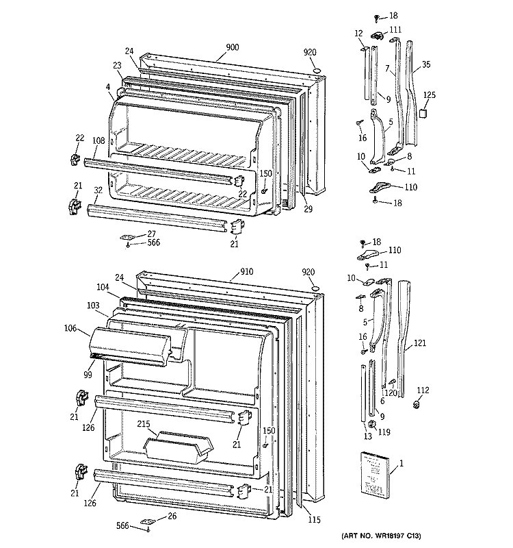 DOORS Diagram and Parts List for MTG14EABDRWH  General Electric Refrigerator