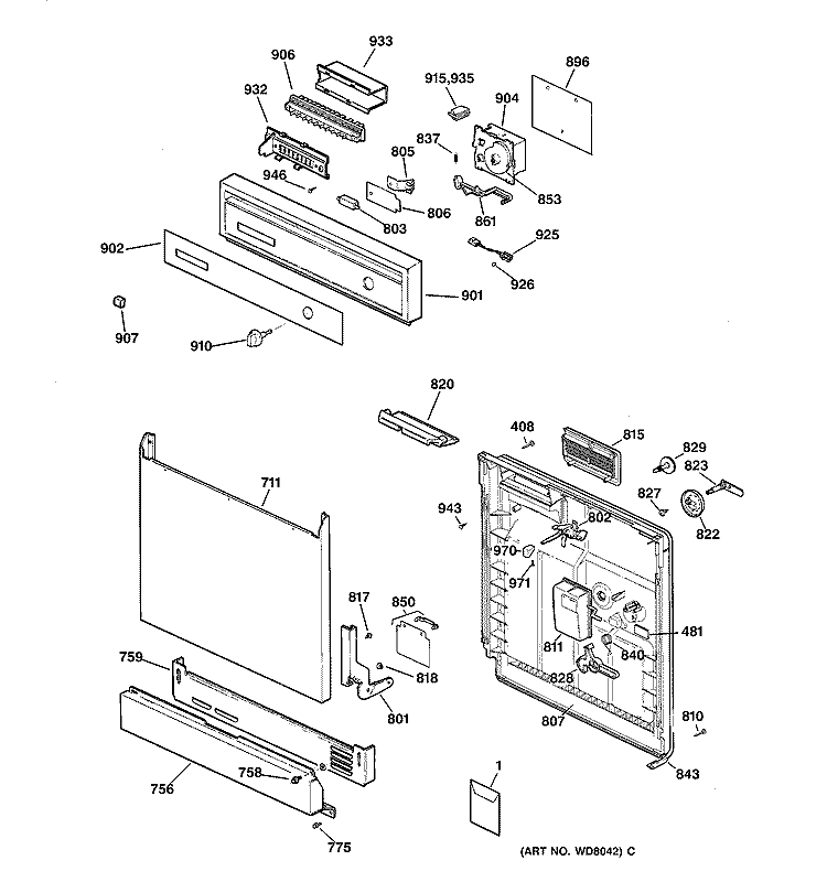 ESCUTCHEON & DOOR ASSEMBLY Diagram and Parts List for PSD3430Z01WW  General Electric Dishwasher