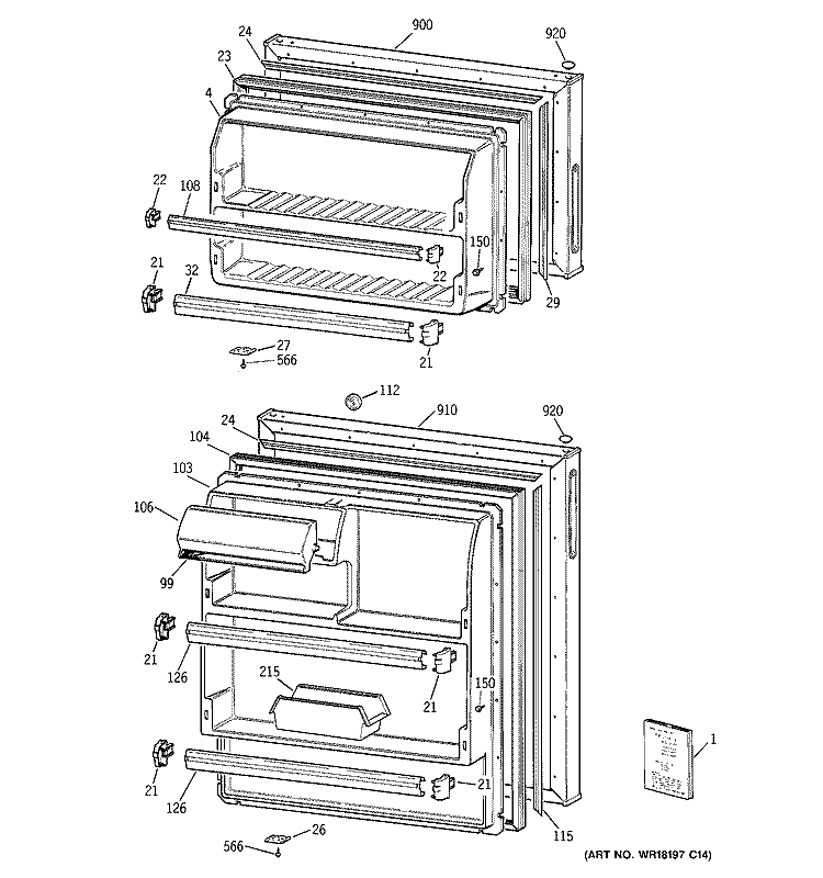 DOORS Diagram and Parts List for MTG14EYBDRWH  General Electric Refrigerator