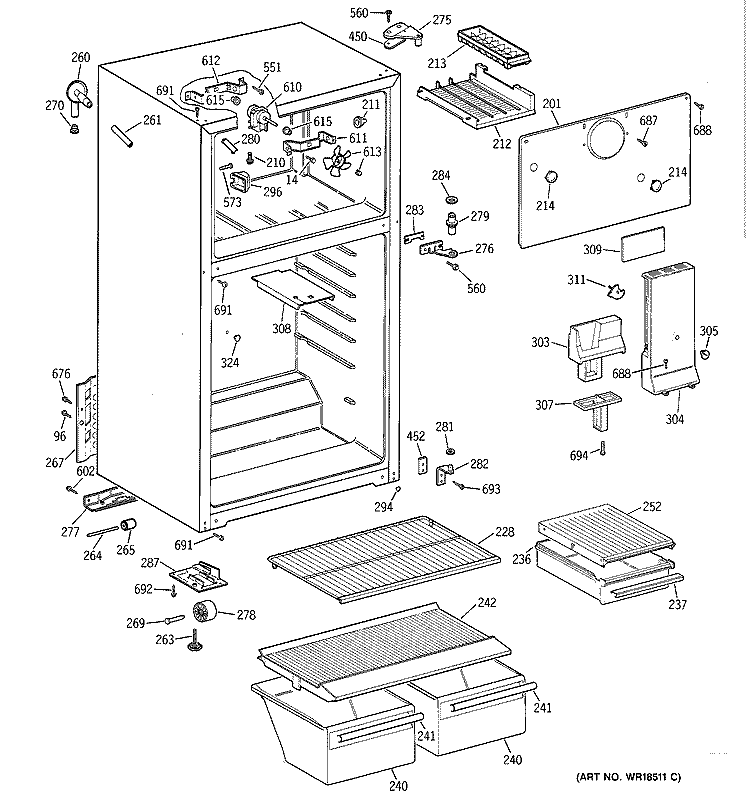 CABINET Diagram and Parts List for MTG14EYBDRWH  General Electric Refrigerator